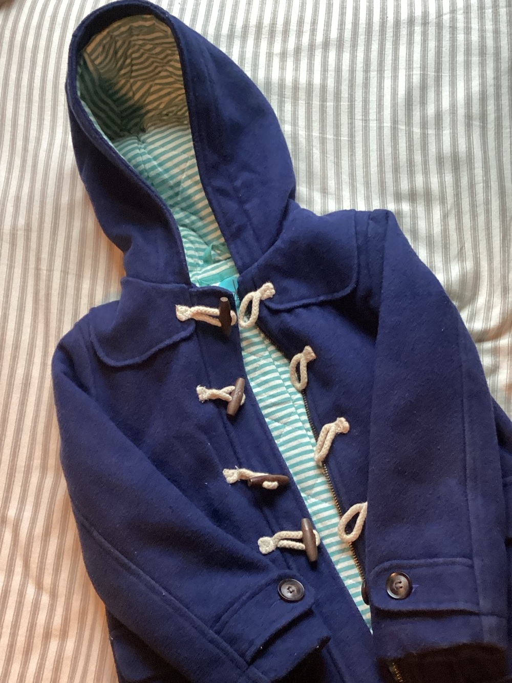 Boden Navy Blue Hooded Toggle Coat with Striped Lining